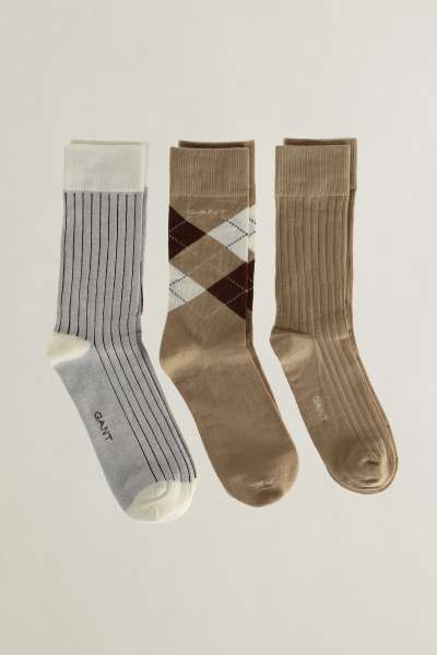 ZOKNI GANT ARGYLE STRIPE AND RIB SOCKS 3-PACK DARK KHAKI