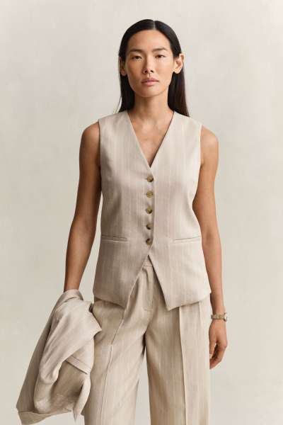 MELLÉNY GANT PINSTRIPE LINEN BLEND VEST OAT BEIGE
