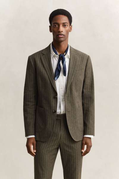 ZAKÓ GANT COT/LINEN PINSTRIPE SUIT JACKET RICH BROWN