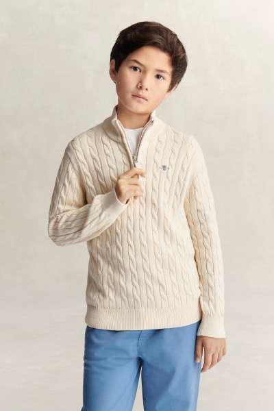 PULÓVER GANT SHIELD COTTON CABLE HALF ZIP SWEATER CREAMED WHITE