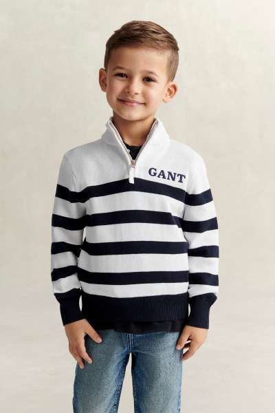 PULÓVER GANT KNITTED BRETON STRIPE ZIP FUNNEL WHITE