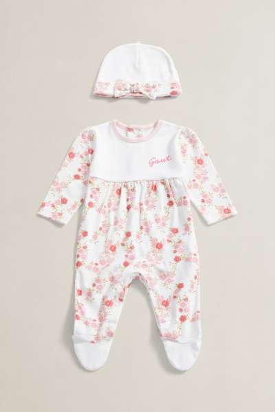 PIZSAMA GANT FLORAL SLEEPSUIT AND HAT SET WHITE