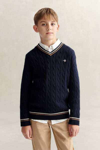 PULÓVER GANT CABLE V NECK CRICKET SWEATER EVENING BLUE
