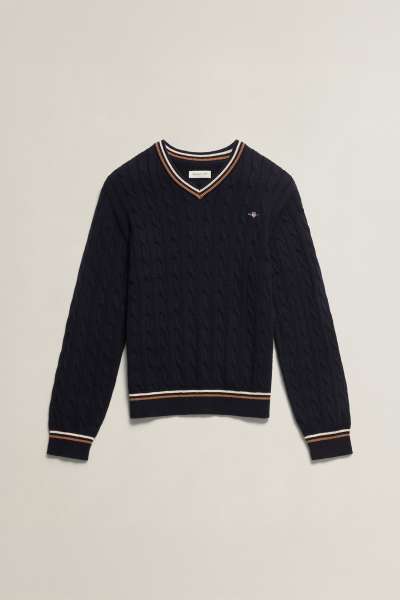 PULÓVER GANT CABLE V NECK CRICKET SWEATER EVENING BLUE