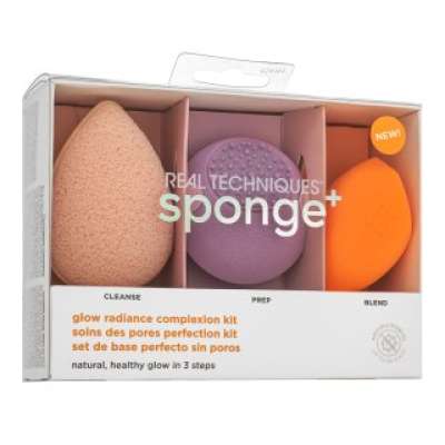 Real Techniques Sponge+ Glow Radiance Complexion Kit 3pcs készlet az egységes és világosabb arcbőrre