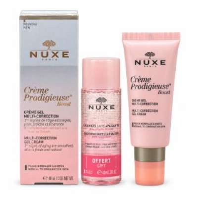 Nuxe Creme Prodigieuse Boost arcápoló szett Multi Correction Gel Cream + Very Rose 3-in-1 Soothing Micellar Water 40 ml + 40 ml
