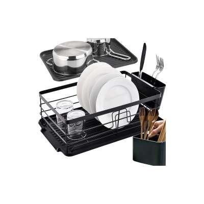 Fémvázas konyhai edényszárító csepegtetőtálcával, evőeszközszárítóval, fekete színben