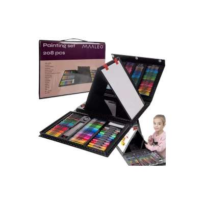 208 részes rajz és festőkészlet gyerekeknek, összecsukható tárolóban, kétoldalas A4-es álló rajztáblával, széles eszköztárral