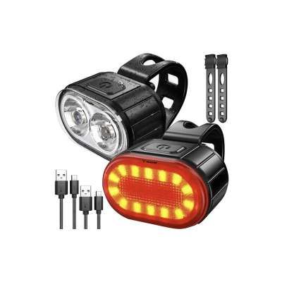 Akkumulátoros LED biciklilámpa, első és hátsó kerékpárlámpák, USB töltés, 3/6 világítási mód, IPX4 vízálló, fekete