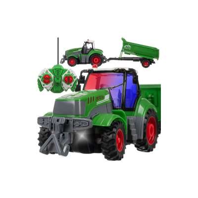 Távirányítós traktor billenőfunkciós pótkocsival, LED fényszórókkal, akkumulátoros működéssel