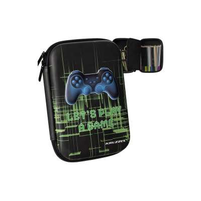 Egy rekeszes, cipzáras tolltartó belső elválasztóval, hálós zsebekkel, 3D játékkonzol mintával