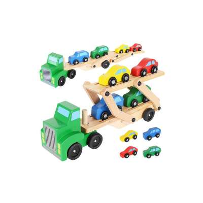 Fából készült teherautó - vontató + autókészlet, 6 részes készségfejlesztő játék