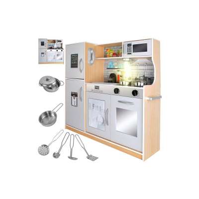Fából készült játékkonyha, hang- és fényeffektekkel, izgalmas kiegészítőkkel, 80x80x24cm méretben, világosbarna-fehér