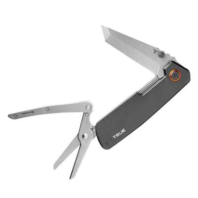 True Utility Dual Cutter, TRU-MTL-0002-G, 2 in 1, 7 cm tanto penge, rugós olló, rozsdamentes acél penge, eloxált alumínium tok