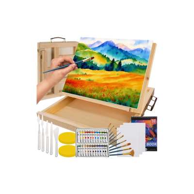 45 részes művészi rajz és festőkészlet praktikus bőröndben, felnyitható fa festőállvánnyal