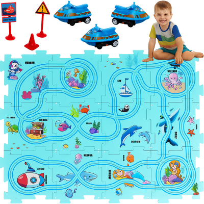 25 darabos pálya puzzle szett kreatív oktató játék, járművekkel, közlekedési táblákkal, matricákkal