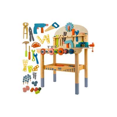 Gyerekműhely 3 az 1-ben fa szerszámokkal, játék barkácsasztal fa csavarokkal, alkatrészekkel, szerszámokkal és szerszámgépekkel, színes, 3 éves kortól