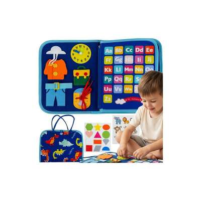 Érzékszervi készségfejlesztő nagyméretű lapozható játékkönyv Montessori elven alapuló, csatokkal, gombokkal, zipzárral, 7 az 1-ben készségfejlesztő, dinoszaurusz mintájú, kék