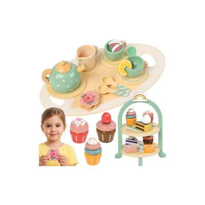 Fából készült játék teás készlet és süteménysziget 15 db kiegészítővel, süteményekkel, tortatartóval
