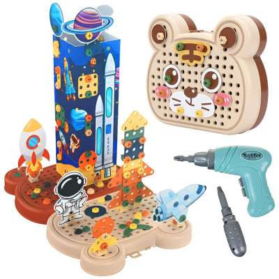 3D űr tematikus építőjáték 161 elemmel, elektromos csavarhúzóval, maci tárolódobozzal, kreatív fejlesztő játék gyerekeknek