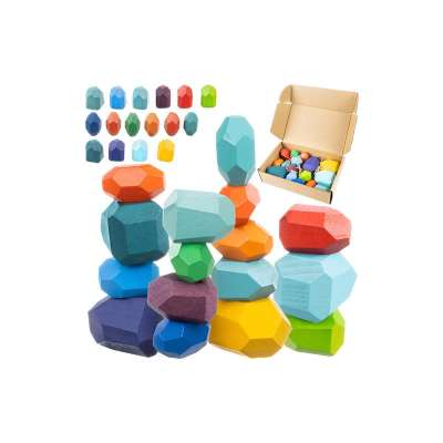 Fa készségfejlesztő építőjáték, 16 darabos, szikla alakú elemekkel, Montessori elvű, színes