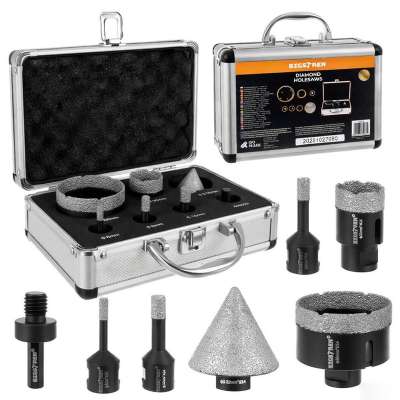 7 részes gyémánt koronafúró készlet, M14 vákuumforrasztott lyukfűrész szett greslaphoz, betonhoz és csempéhez, 6-68 mm, kúpmaró és fúró adapterrel