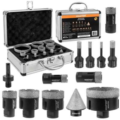 13 részes gyémánt koronafúró készlet, M14 vákuumforrasztott lyukfűrész szett greslaphoz, betonhoz és csempéhez, 6-68 mm, kúpmaró és fúró adapterrel 