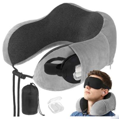 3 az 1-ben Ergonomikus memóriahabos utazópárna állítható pánttal, alvómaszkkal és füldugóval