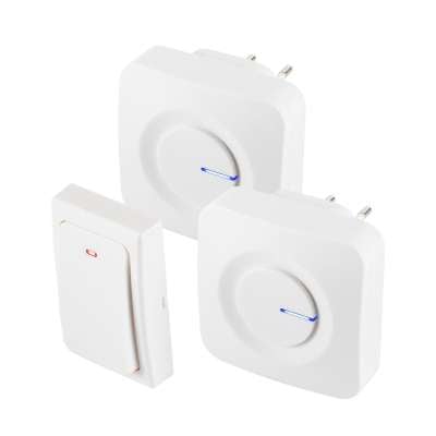 HOME DBKS1001AC vezeték és elem nélküli csengő készlet, 1x nyomógomb + 2x csengő, 100m hatótáv, 36 dallam, szabályozható hangerő, IP44, fényjelzés, kinetikus nyomógomb