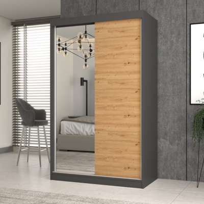 Riano MIX IGA 120 tolóajtós gardróbszekrény, 1 tükörrel, 120x200x61 cm, antracit-tölgy