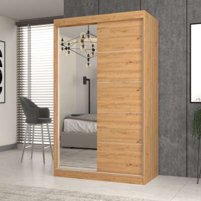 Shannan IGA 120 tolóajtós gardróbszekrény, 1 tükörrel, 120x200x61 cm, tölgy (díszcsíkozott)