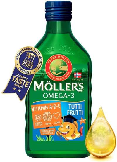 Möllers omega-3 halolaj étrend-kiegészítő a, d és e-vitaminnal, tutti-frutti ízesítéssel 250 ml