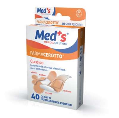 MED'S FARMACEROTTO Poliuretán elasztikus hypoallergén légáteresztő sebtapasz Kiszerelés: 40db vegyes tapasz Méretek: ?25mm, 9x38mm, 19x72mm, 25x72mm 40db