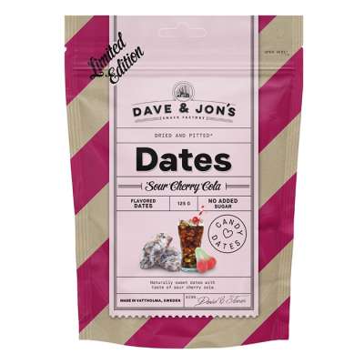 Dave & Jon's dates sour cherry cola mag nélküli ízesített datolya cherry cola ízben, hozzáadott cukor nélkül 125 g