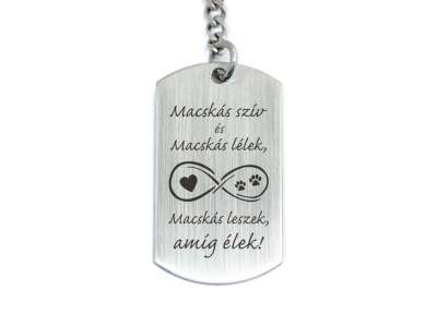 Macskás szív acél medálos kulcstartó