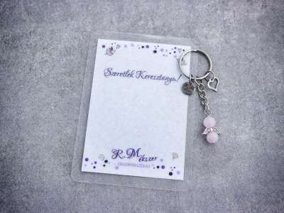 Szeretlek Keresztanya kulcstartó rózsakvarccal