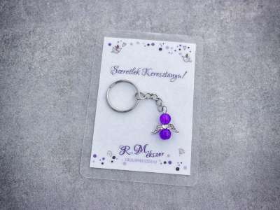 Szeretlek Keresztanya lila angyal medálos kulcstartó