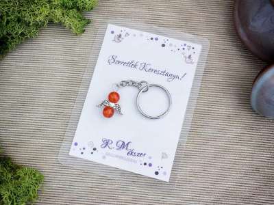 Szeretlek Keresztanya narancssárga angyal medálos kulcstartó