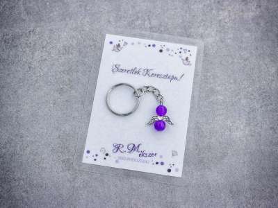 Szeretlek Keresztapa lila angyal medálos kulcstartó