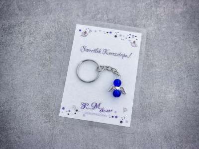 Szeretlek Keresztapa sötétkék angyal medálos kulcstartó