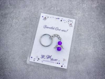 Szeretlek Óvó néni lila angyal medálos kulcstartó