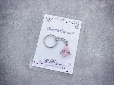 Szeretlek Óvó néni rózsaszín angyal medálos kulcstartó