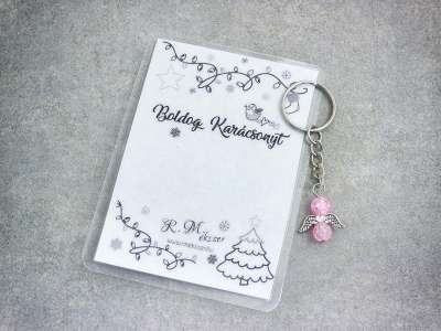 Boldog Karácsonyt rózsaszín angyal medálos kulcstartó