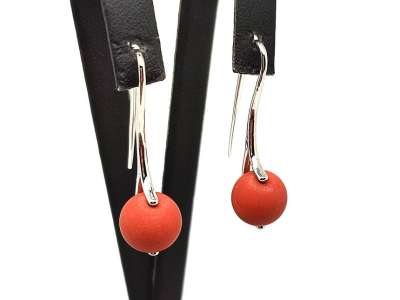 Fülbevaló matt golyó jáspis vörös ívelt lógó 10mm