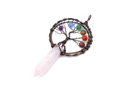 Életfa bronz drót csúcs rózsakvarc medál 5x9cm