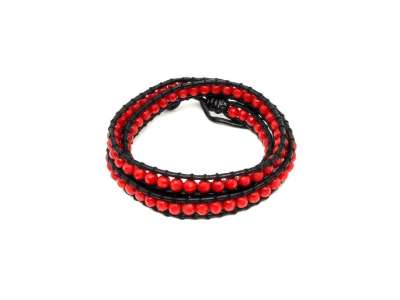 Jáde szin piros golyó 5mm bőrrel font karkötő 58cm