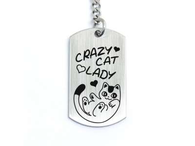 Crazy Cat Lady cicás gravírozott acél kulcstartó