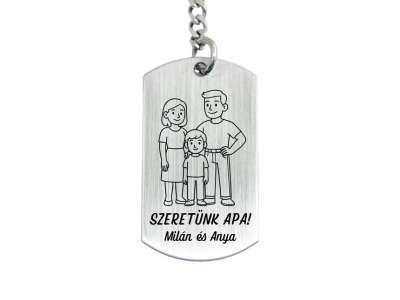 Szeretünk Apa gravírozott acél kulcstartó fiúgyermek nevével