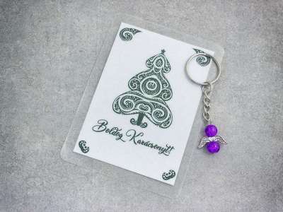 Boldog Karácsonyt lila angyal medálos kulcstartó