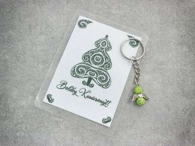 Boldog Karácsonyt zöld angyal medálos kulcstartó